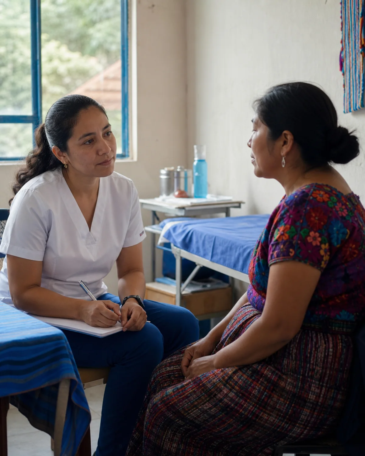Profesional de salud conversando con una paciente en una clínica comunitaria de Guatemala